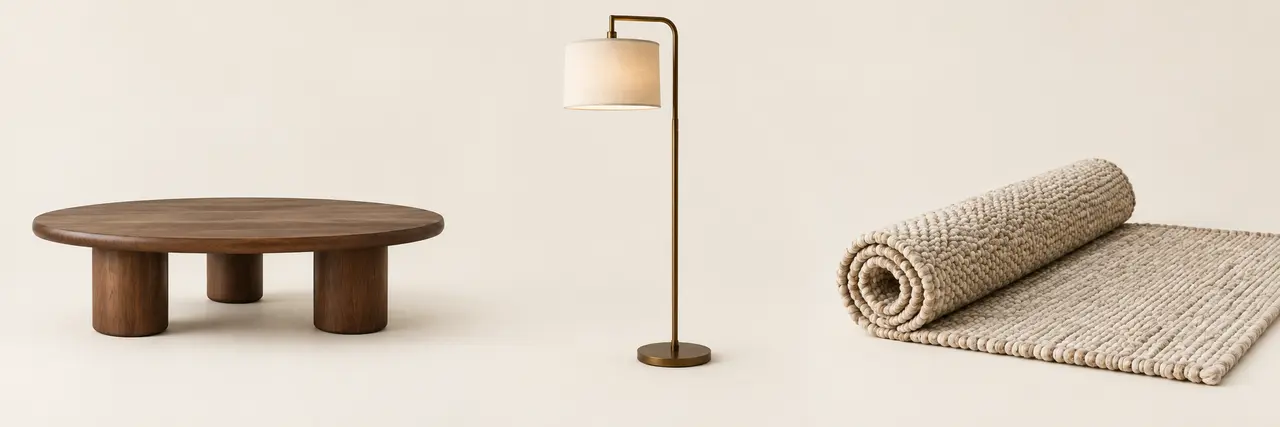 Walnut coffee table, linen floor lamp, and natural wool rug
