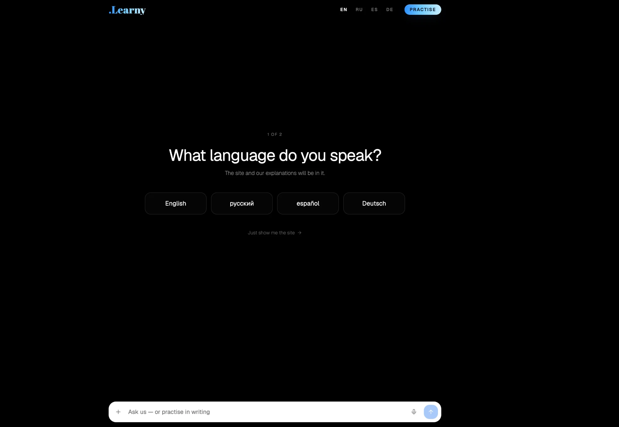Learny asking which language the learner speaks, with English, Russian, Spanish and German options