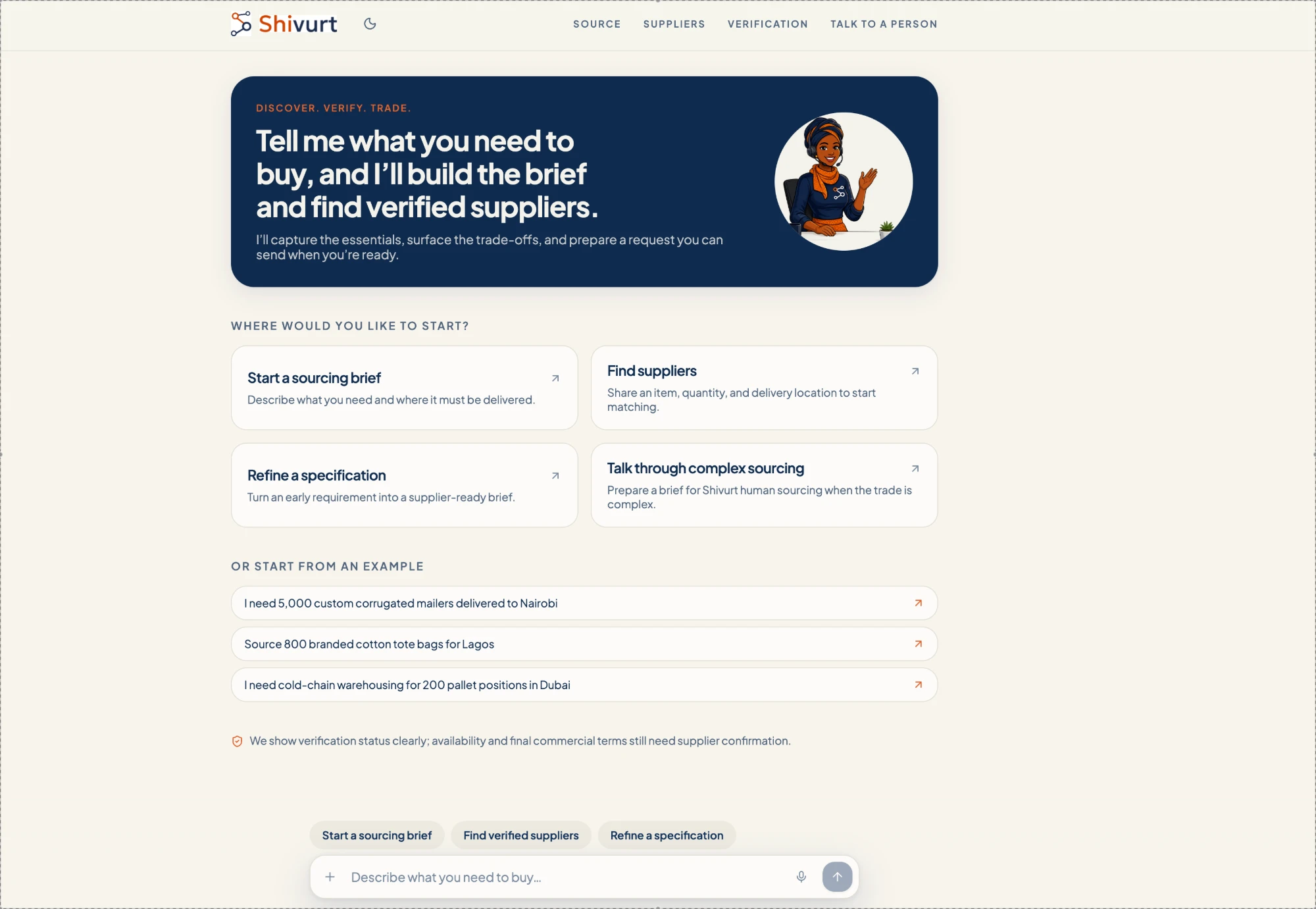 Shivi offering to build a sourcing brief and find verified suppliers, with example requests
