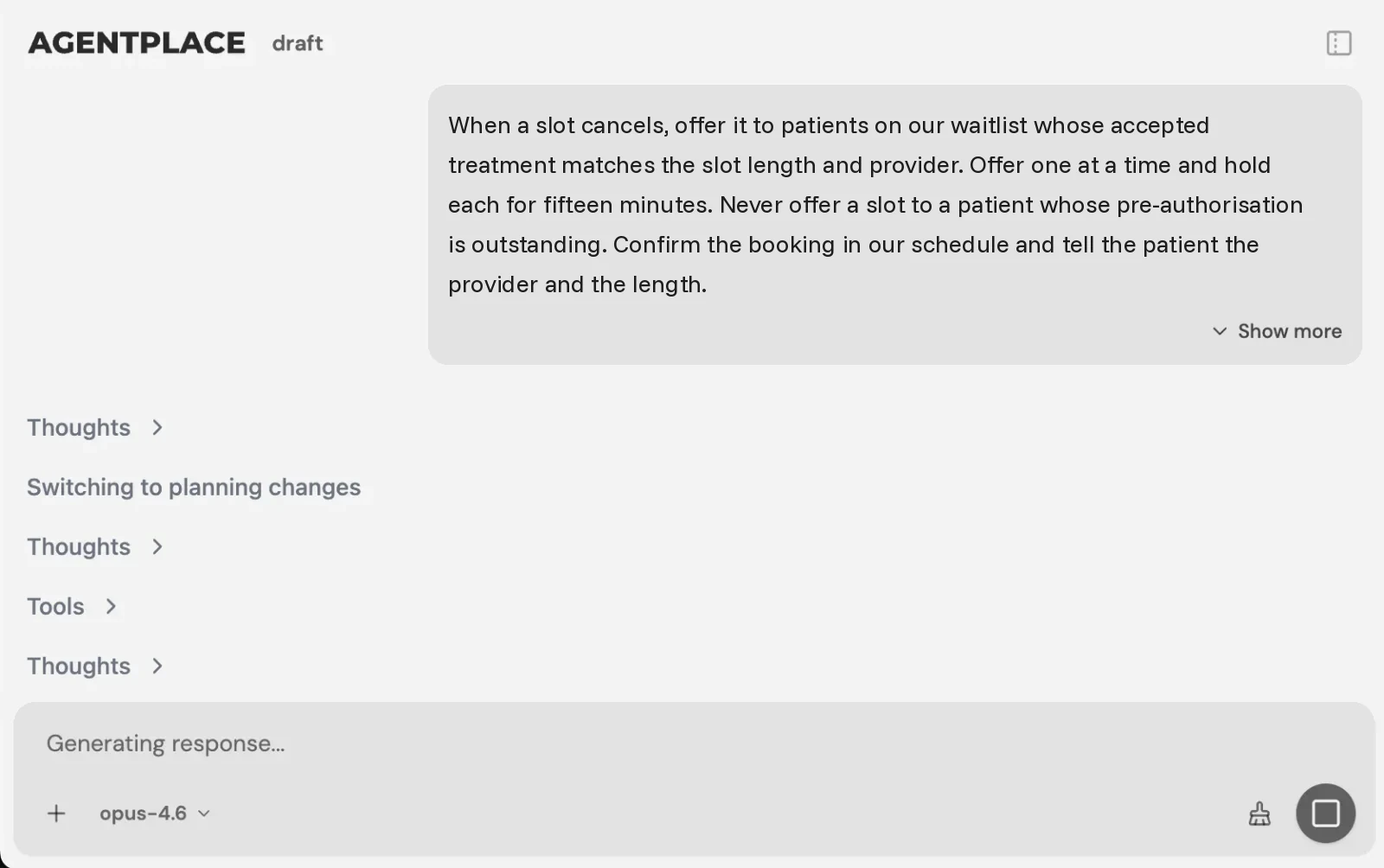 The Agentplace builder with the cancellation and recall brief for a dental practice