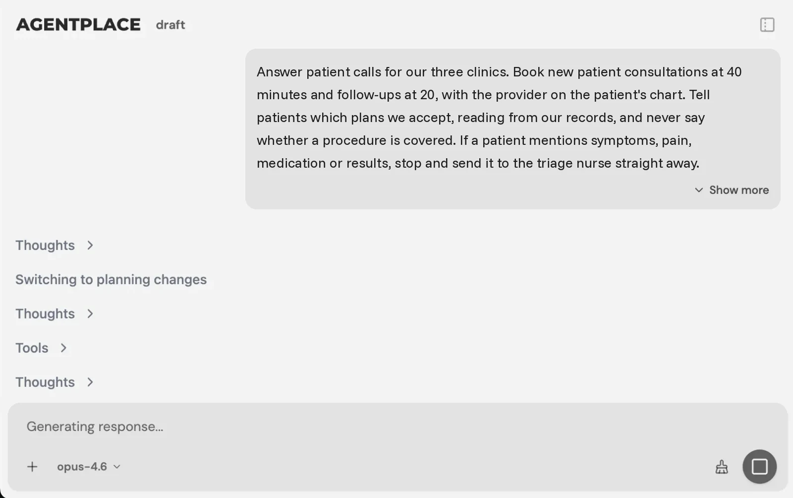 The Agentplace builder with the patient call brief for a medical practice