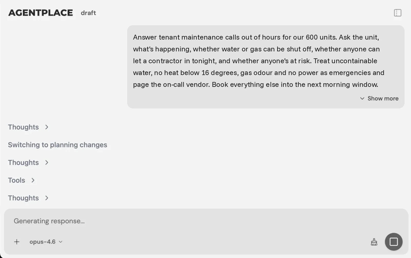 The Agentplace builder with the after-hours brief for a property manager