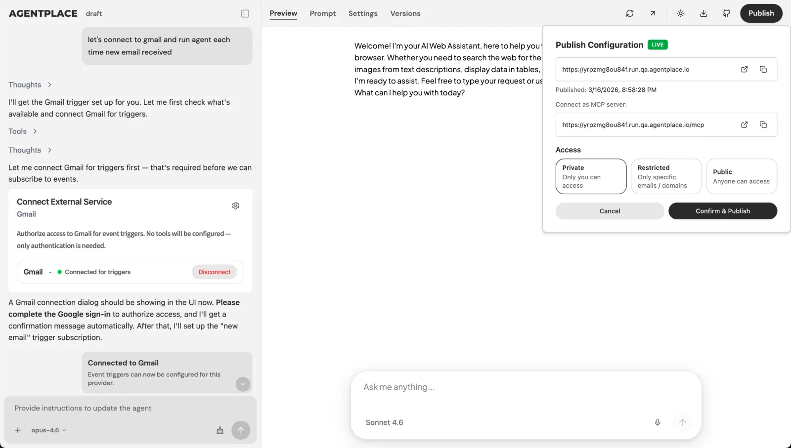 Agent deployment with URL and access settings