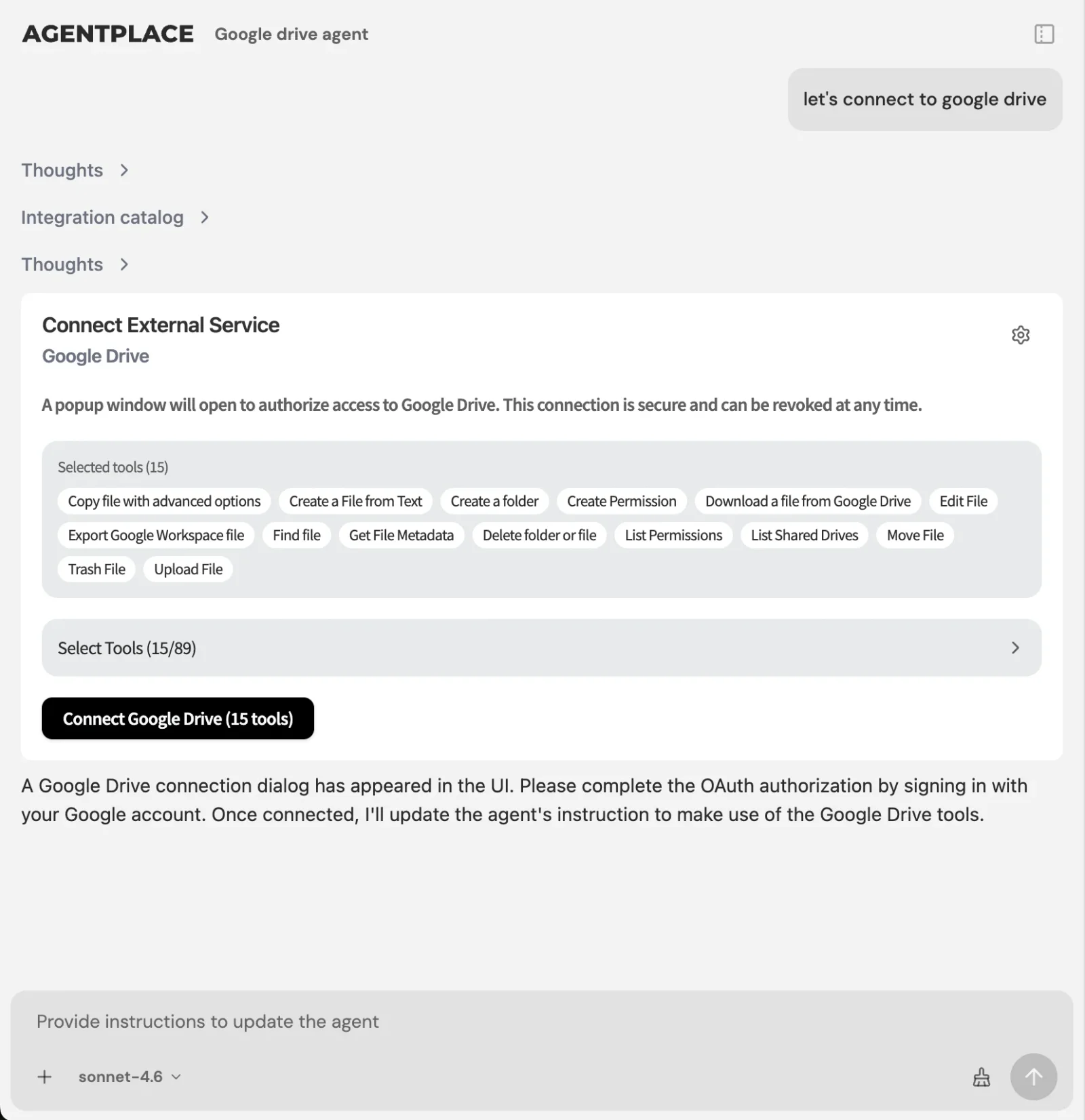 MCP integrations panel with connected services